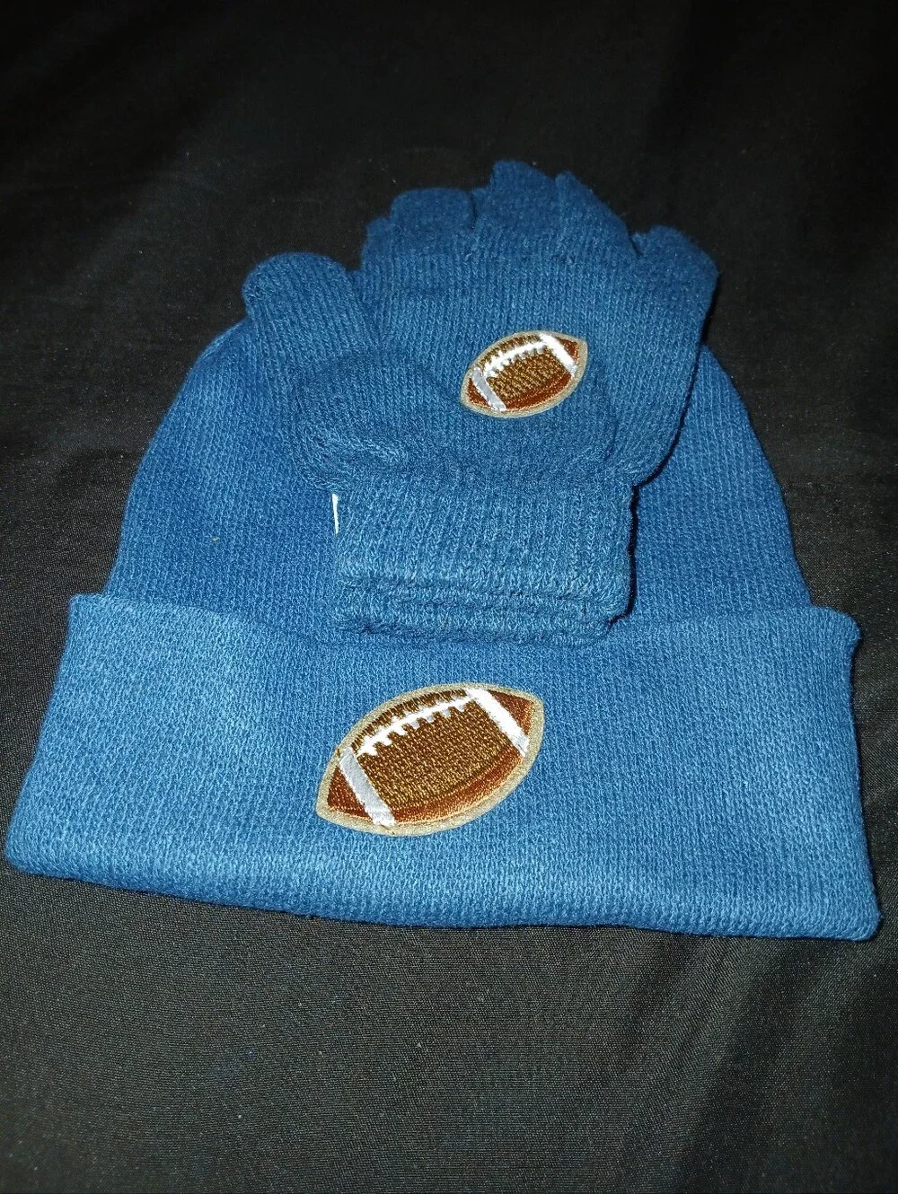 NWT Kids Blue Knit Beanie and Glove Set with Football Patch